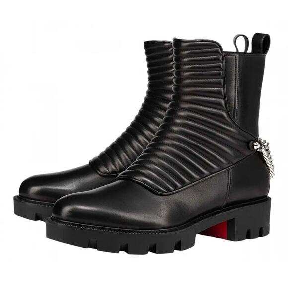 Christian Louboutin Maddic Max Flat Calf Black Silver Chain Combat Ankle Boot 36 - Picture 1 of 10